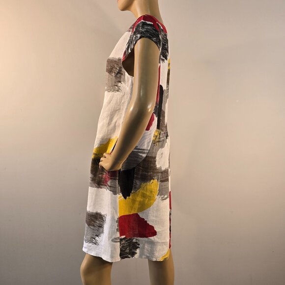 Terzo Millennio Italy Abstract Print Linen Shift Dress Size M Cap Sleeve Pockets - Picture 6 of 13
